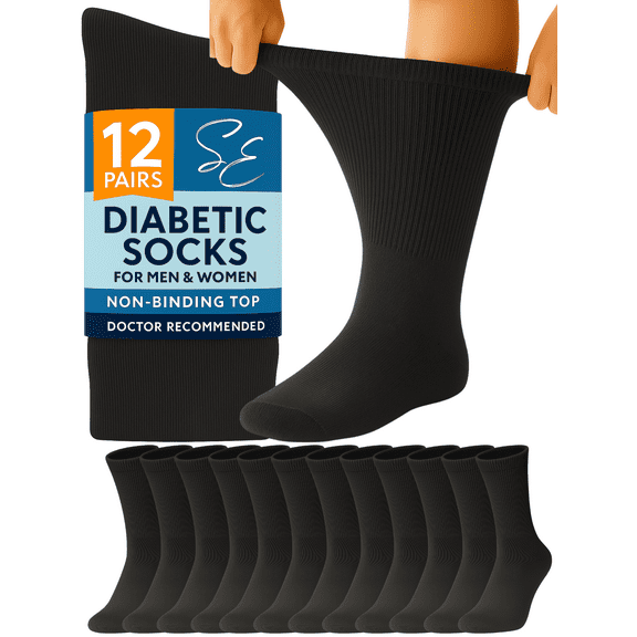 Special Essentials 12 Pairs Cotton Diabetic Socks Crew for Men and Women Black (Size 9-11)