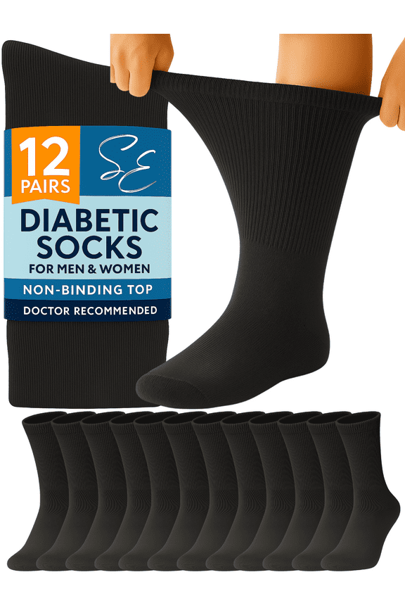 12 Pairs Cotton Diabetic Socks Crew for Men and Women Black (Size 9-11)