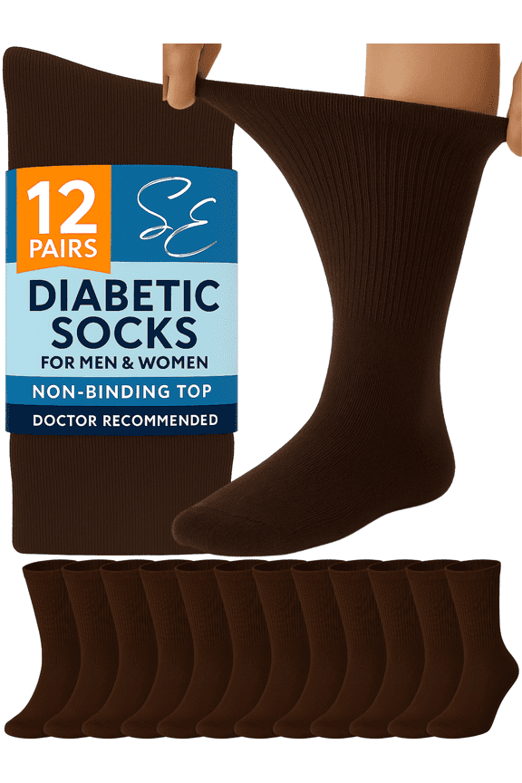 12 Pairs Cotton Diabetic Socks Crew for Men and Women Brown (Size 13-15)