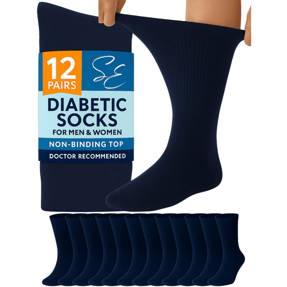 Special Essentials 12 Pairs Cotton Diabetic Socks Crew for Men and Women Navy (Size 10-13)