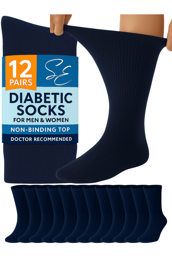12 Pairs Cotton Diabetic Socks Crew for Men and Women Navy (Size 10-13)