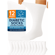 Special Essentials Diabetic Socks for Men & Women – 12 Pairs of Non-Binding Moisture-Wicking Neuropathy Socks – Crew Length, White, 10-13