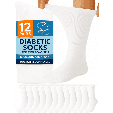 Special Essentials Diabetic Socks for Men & Women – 12 Pairs of Non-Binding Moisture-Wicking Neuropathy Socks – Crew Length, White, 10-13