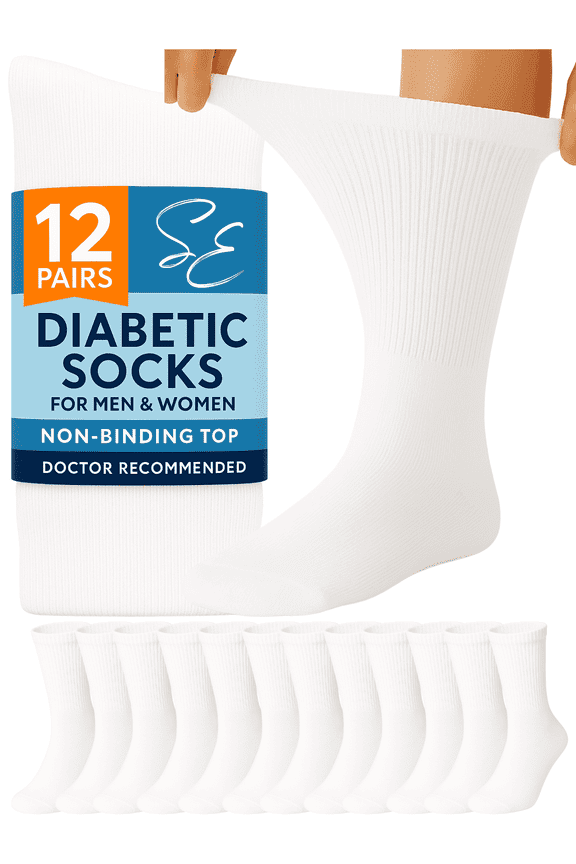 Diabetic Socks for Men & Women – 12 Pairs of Non-Binding Extra Wide Top Cotton Neuropathy Socks – Crew Length, White, 9-11