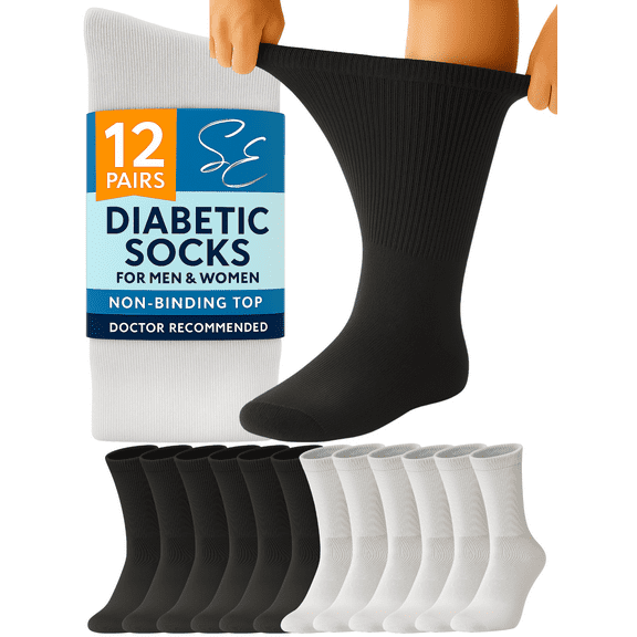 Special Essentials 12 Pairs Men's Black and Grey Cotton Diabetic Crew Socks 10-13