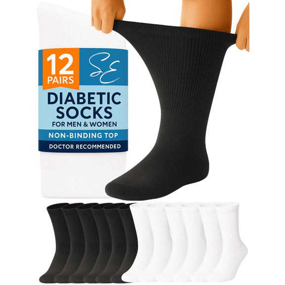 Special Essentials 12 Pairs Men's Black and White Cotton Diabetic Crew Socks 13-15