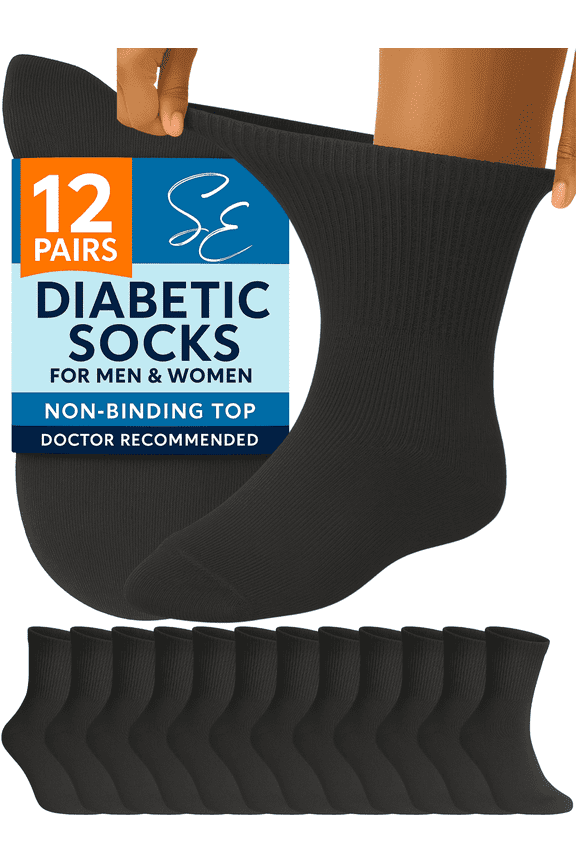 Diabetic Socks for Men & Women – 12 Pairs of Non-Binding Moisture-Wicking Neuropathy Socks – Ankle Length, Black, 10-13