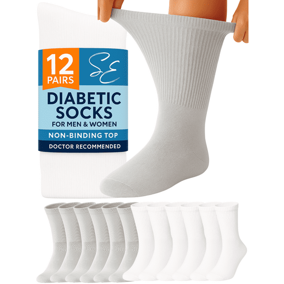 Special Essentials 12 Pairs Men's Grey and White Cotton Diabetic Crew Socks 10-13