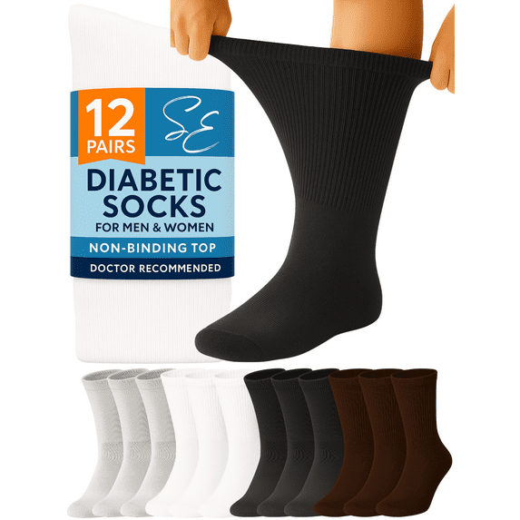 Special Essentials 12 Pairs Women's Variety Pack White Black Gray and Brown Cotton Diabetic Crew Socks 9-11