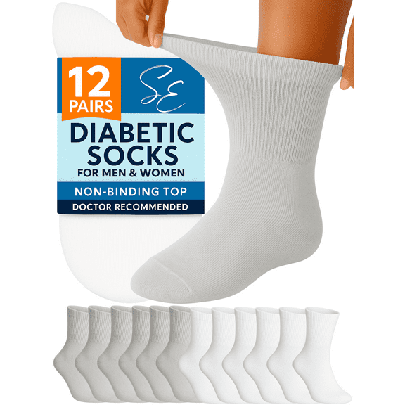Special Essentials 12 Pairs Women's White and Gray Cotton Diabetic Ankle Socks 9-11