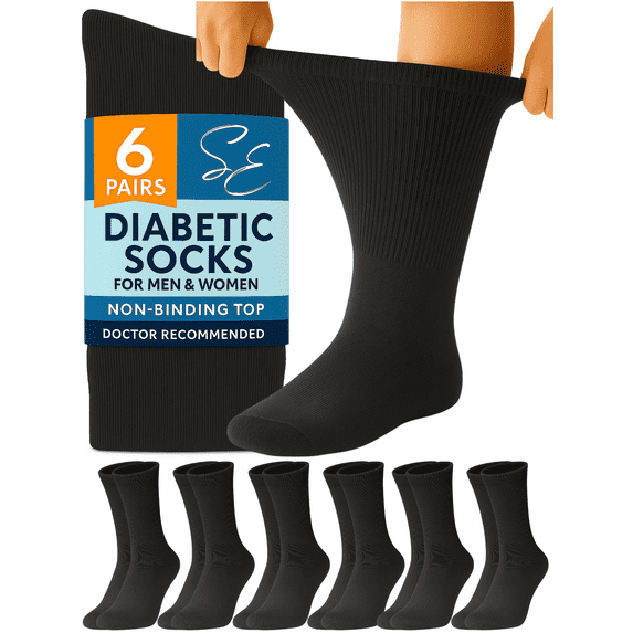Special Essentials Men’s & Women’s Diabetic Crew Socks, Cotton, Black, 6 Pairs, Size 10–13