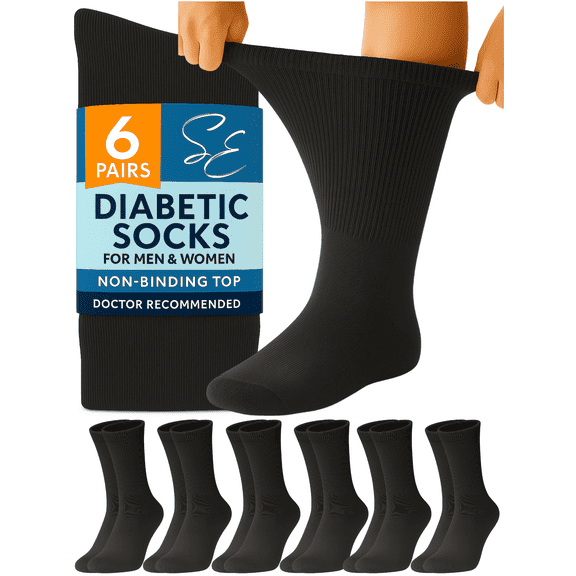 Special Essentials Men’s & Women’s Diabetic Crew Socks, Cotton, Black, 6 Pairs, Size 10–13