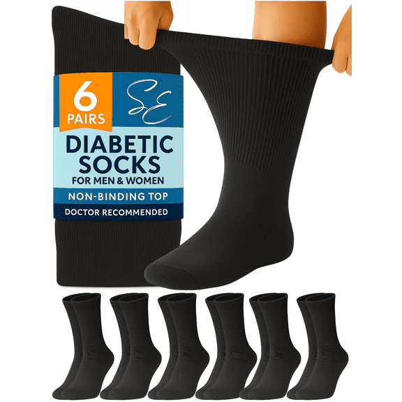 Special Essentials 6 Pairs Cotton Diabetic Socks Crew for Men and Women Black (Size 10-13)