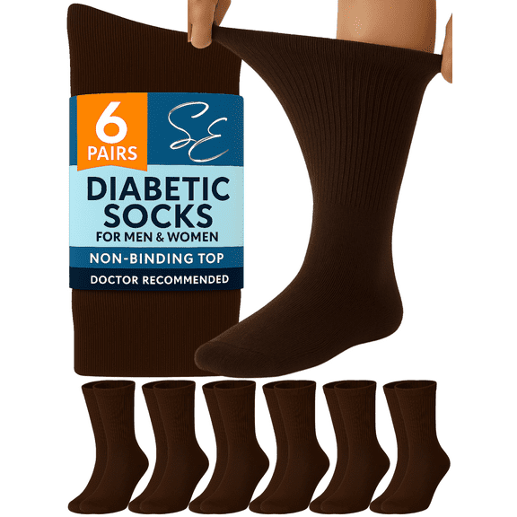 Special Essentials 6 Pairs Cotton Diabetic Socks Crew for Men and Women Brown (Size 10-13)