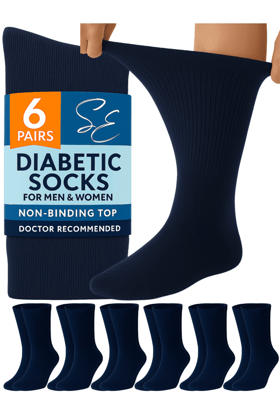 6 Pairs Cotton Diabetic Socks Crew for Men and Women Navy (Size 10-13)