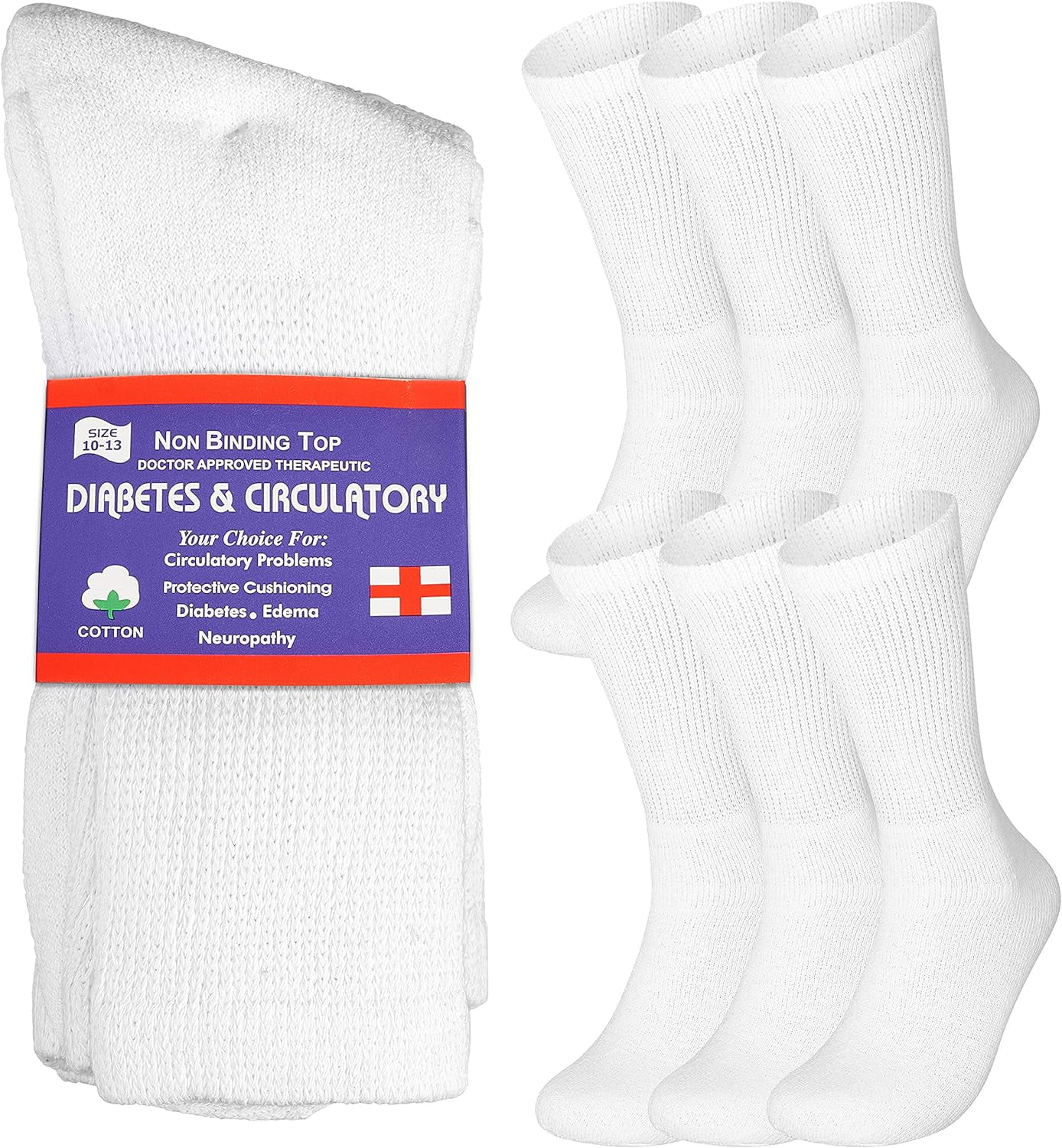 Special Essentials 6 Pairs Cotton Diabetic Socks Crew for Men and Women White (Size 10-13)