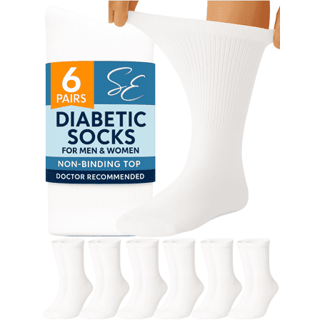 Special Essentials Diabetic Socks for Men & Women – 6 Pairs of Non-Binding Moisture-Wicking Neuropathy Socks – Crew Length, White, 10-13