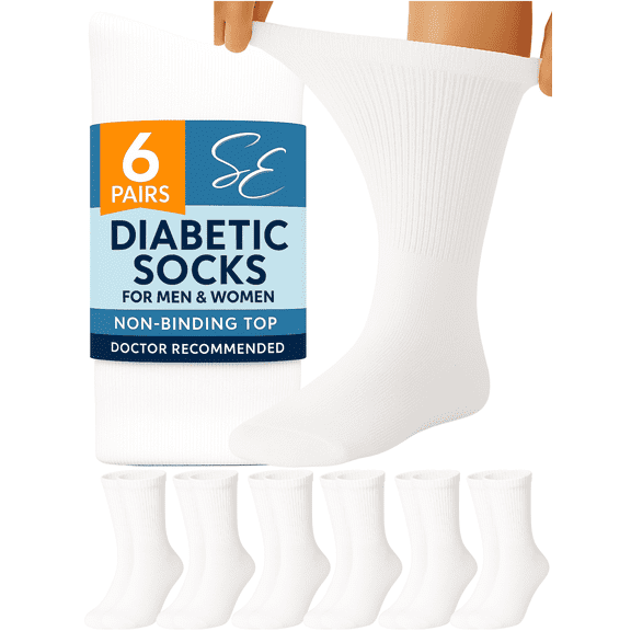 Special Essentials 6 Pairs Cotton Diabetic Socks Crew for Men and Women White (Size 9-11)