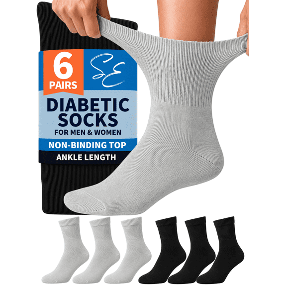 Special Essentials 6 Pairs Men's Black and Gray Cotton Diabetic Ankle Socks 13-15