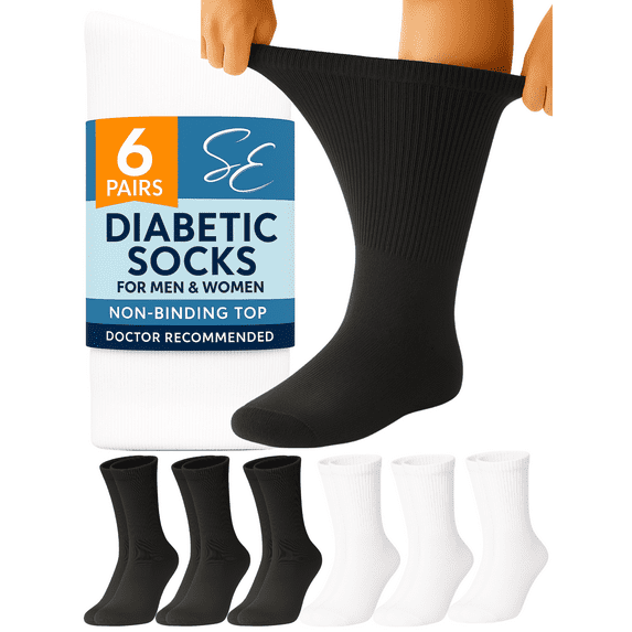 Special Essentials 6 Pairs Men's Black and White Cotton Diabetic Crew Socks 13-15