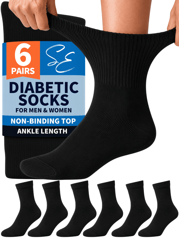 6 Pairs Men's Cotton Diabetic Ankle Socks Black 10-13