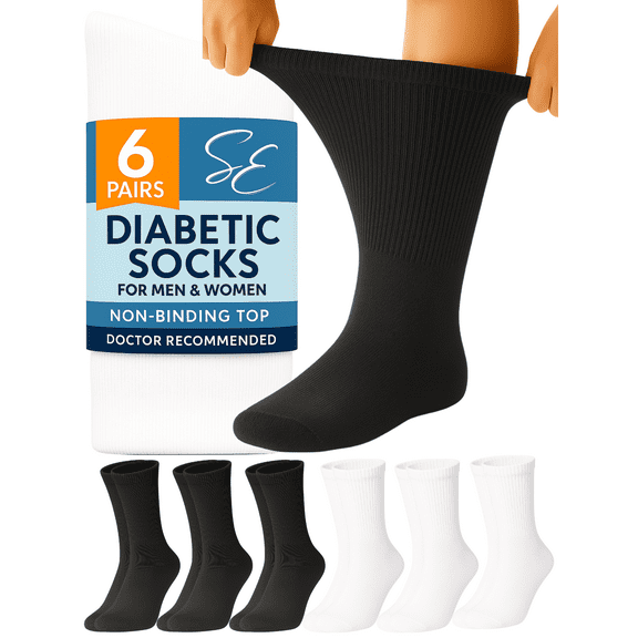 Special Essentials 6 Pairs Women's Black and White Cotton Diabetic Crew Socks 9-11