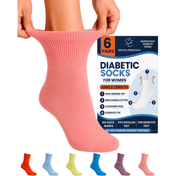 Special Essentials 6 Pairs Women's Non-Binding Diabetic & Circulator Ankle Socks - Comfortably Soft, Moisture-Wicking Cotton Assorted Multicolors