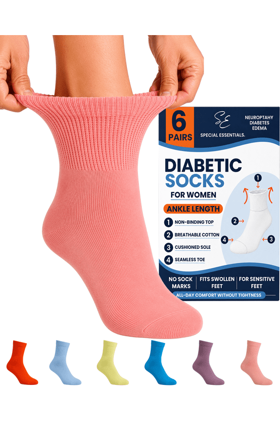 6 Pairs Women's Non-Binding Diabetic & Circulator Ankle Socks - Comfortably Soft, Moisture-Wicking Cotton Assorted Multicolors