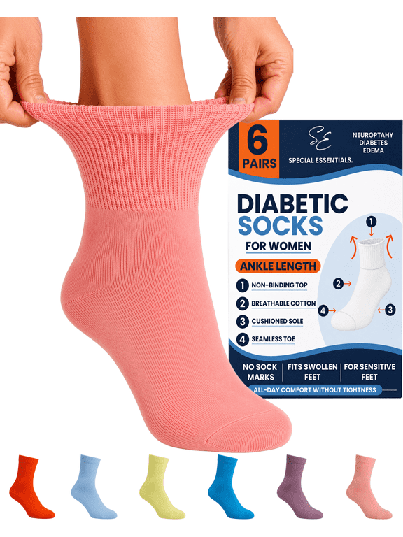 6 Pairs Women's Non-Binding Diabetic & Circulator Ankle Socks - Comfortably Soft, Moisture-Wicking Cotton Assorted Multicolors