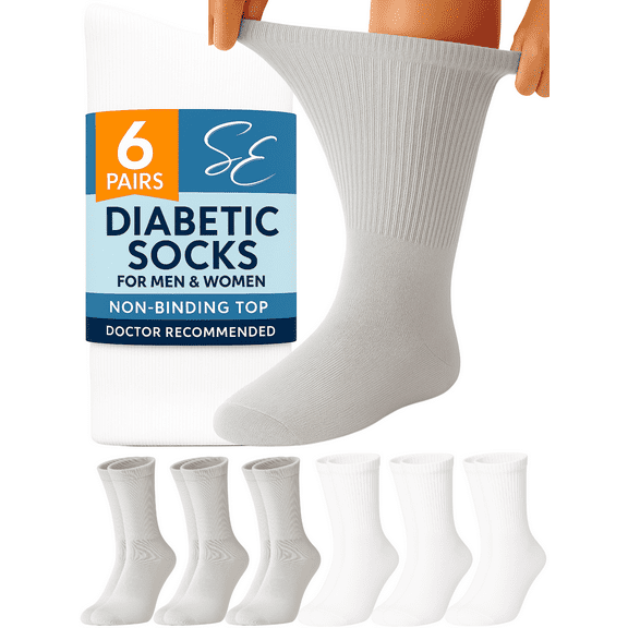 Special Essentials 6 Pairs Women's White and Grey Cotton Diabetic Crew Socks 9-11