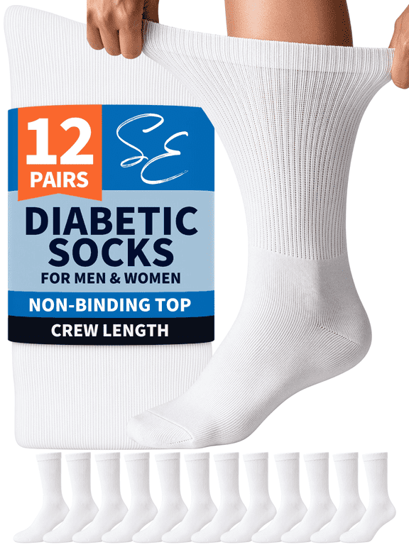 Diabetic Socks for Men & Women – 12 Pairs of Non-Binding Moisture-Wicking Neuropathy Socks – Crew Length, White, 10-13
