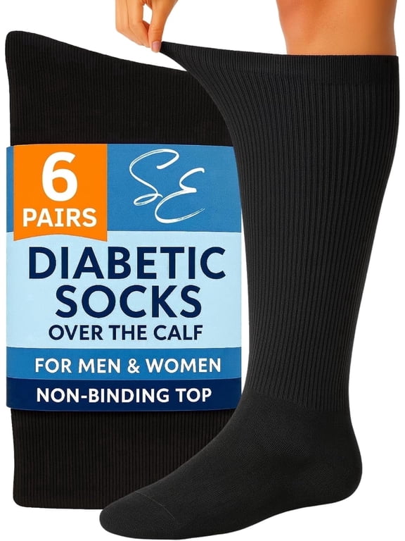 Diabetic Socks for Men & Women – Non-Binding Over The Calf Extra Wide Top Cotton Neuropathy Socks (Black - 6 Pairs, Large)