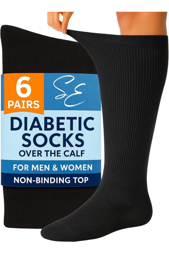 Diabetic Socks for Men & Women – Non-Binding Over The Calf Extra Wide Top Cotton Neuropathy Socks (Black - 6 Pairs, X-Large)