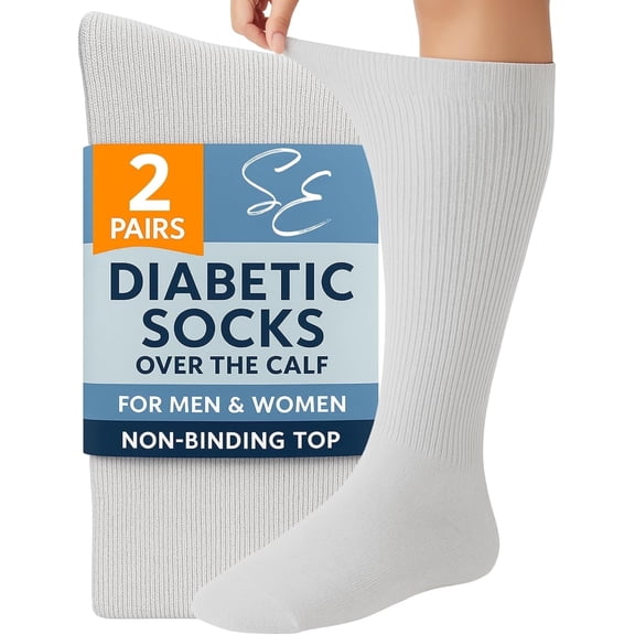 Special Essentials Diabetic Socks for Men & Women – Non-Binding Over The Calf Extra Wide Top Cotton Neuropathy Socks (Grey - 2 Pairs, Large)