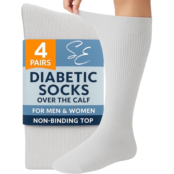 Special Essentials Diabetic Socks for Men & Women – Non-Binding Over The Calf Extra Wide Top Cotton Neuropathy Socks (Grey - 4 Pairs, X-Large)