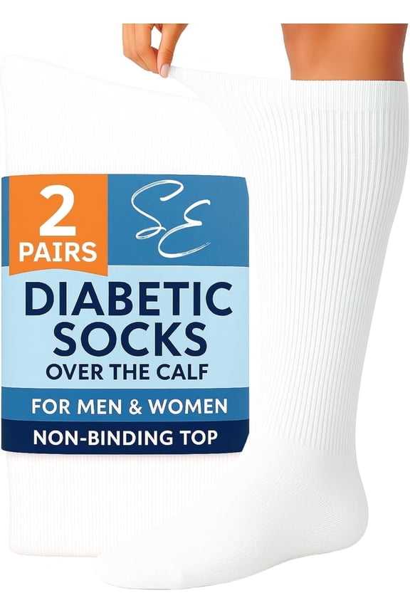 Diabetic Socks for Men & Women – Non-Binding Over The Calf Extra Wide Top Cotton Neuropathy Socks (White - 2 Pairs, X-Large)