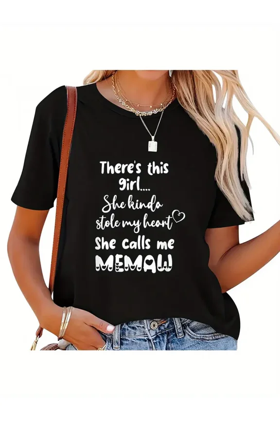 Special Grandma Grandmother "This Calls Me Memaw" Graphic T-Shirt - Black Casual Short Sleeve Round Neck Tee with Heart Design, Medium Stretch Fabric, All-Season Comfort for