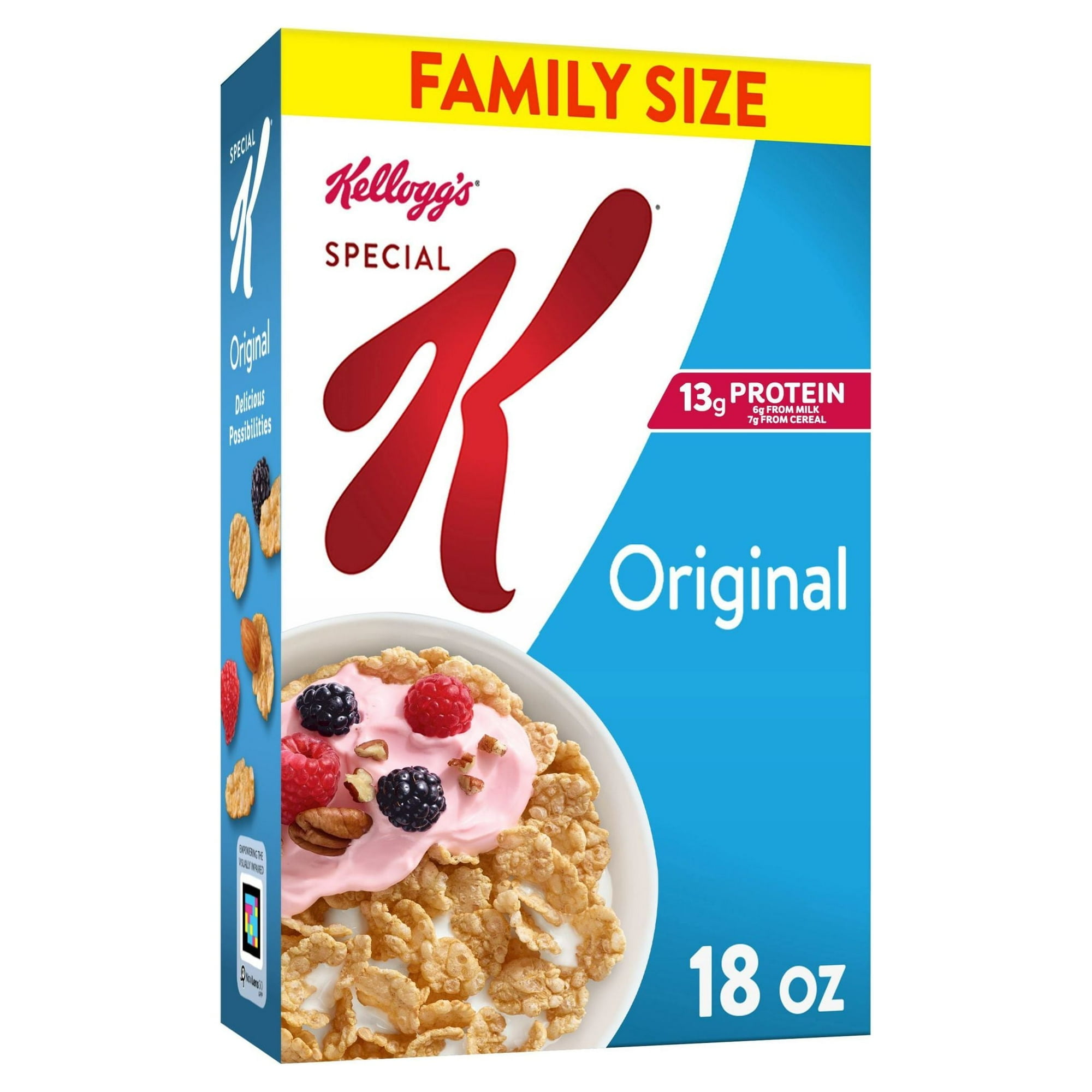 Special K Cold Breakfast Cereal, 11 Vitamins and Minerals, 13g Protein, Family Size, Original, 18oz (Pack 4)