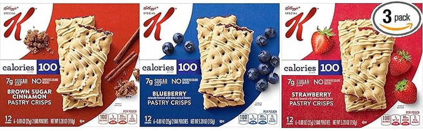 Special K Pastry Crisps SimplyComplete Variety Pack of 3, 100 Low Calorie Snack, Toaster Breakfast Bars, Blueberry, Strawberry, Brown Sugar, 1 of each Box