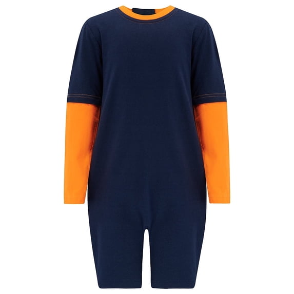Special Kids Adaptive Clothing For Children, Zipback Long Sleeve Short Leg Jumpsuit for Kids By Kaycey, 11-12 Years, Navy Body Orange Trim