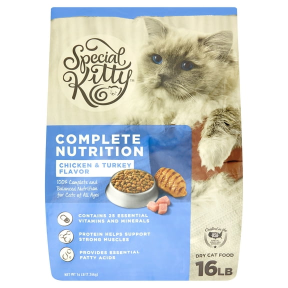 Special Kitty Chicken & Turkey Flavor Kibble Dry Cat Food for Cats, Complete Nutrition, 16 lb Bag