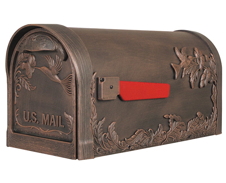 Special Lite Products Copper embossed rust-free aluminum Hummingbird curbside mailbox with stainless steel hardware, magnetic door latch and premium red die-cast flag