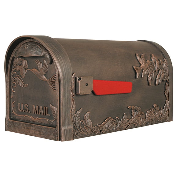 Special Lite Products Copper embossed rust-free aluminum Hummingbird curbside mailbox with stainless steel hardware, magnetic door latch and premium red die-cast flag