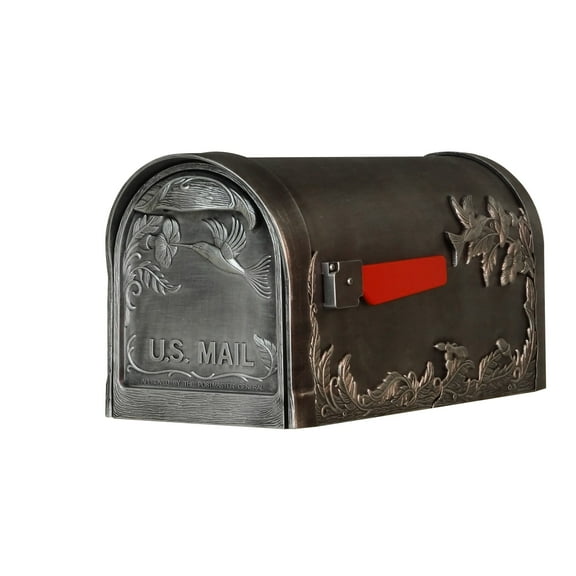 Special Lite Products Swedish Silver embossed rust-free aluminum Hummingbird curbside mailbox with stainless steel hardware, magnetic door latch and premium red die-cast flag