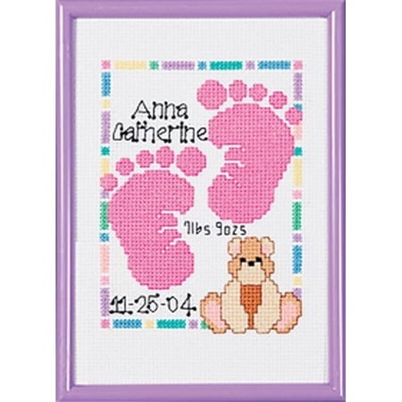 Special Moments Baby Footprints Mini 14-Count Cross-Stitch Kit, Magenta Frame