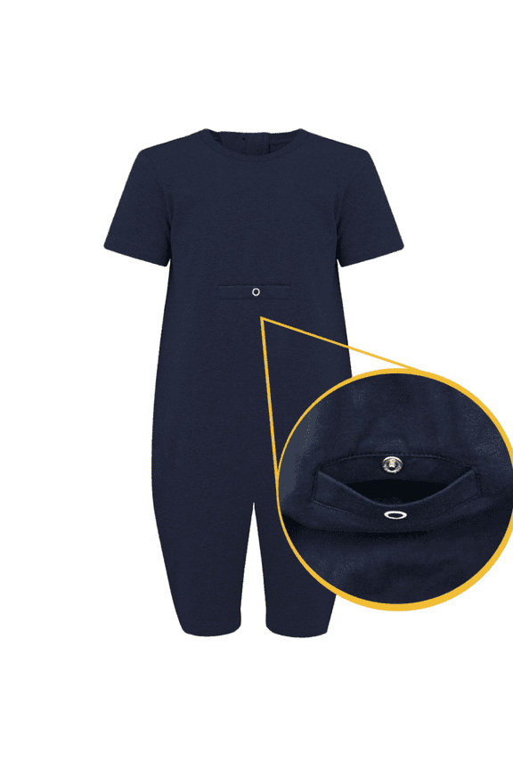 Special Needs Adaptive Clothing Jumpsuit For Adults, Short Sleeve Short Leg Bodysuit With Tube Access, Zip Back, Large, Navy