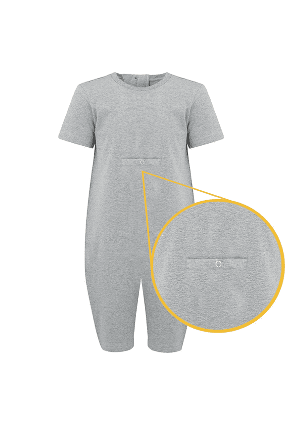 Special Needs Adaptive Clothing Jumpsuit For Adults, Short Sleeve Short Leg Bodysuit With Tube Access, Zip Back, Medium, Grey