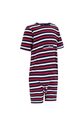 Special Needs Adaptive Clothing Jumpsuit For Adults, Short Sleeve Short Leg Bodysuit With Tube Access, Zip Back, XX Large, Red-White-Blue