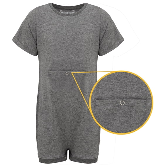Special Needs Clothing with Tube Access For Older Children, Short Sleeve Bodysuit For Boys & Girls By Kaycey, Grey, 5-6 Years Old