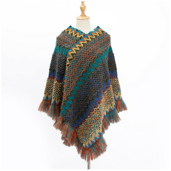 Special Offer! Beshee Shawl Wraps for Women Cape Thick Scarf Striped Sassel Retro Ladies Ethnic Head Shawl Color Scarf Poncho Sweaters for Women Navy